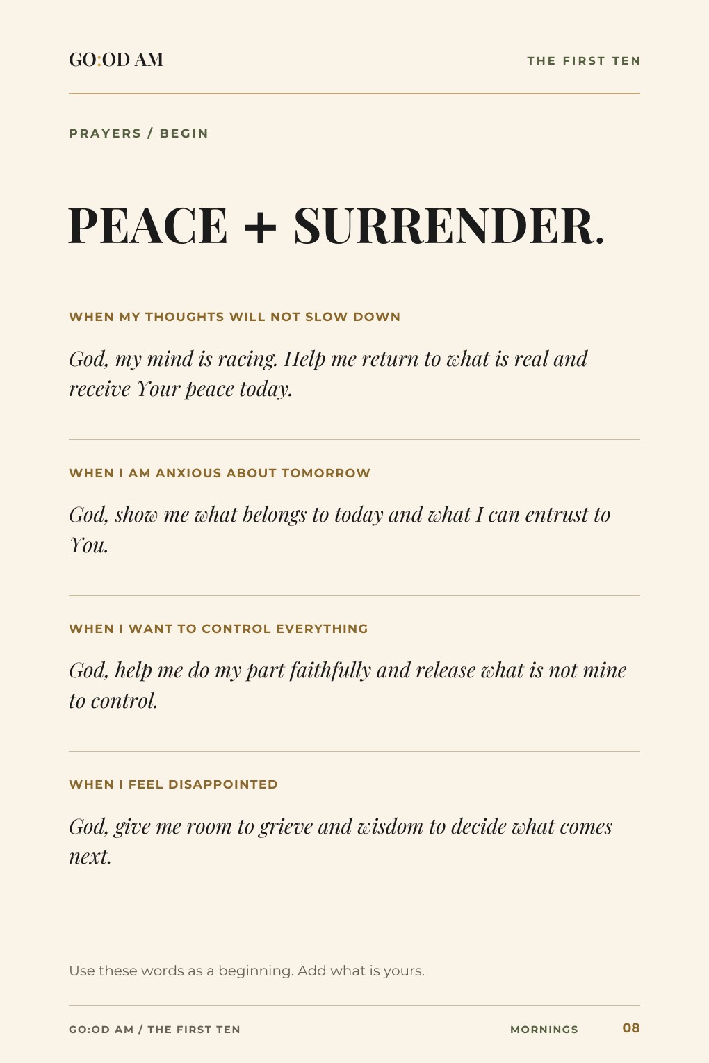 A prayer library page from the journal: Peace and Surrender prayers
